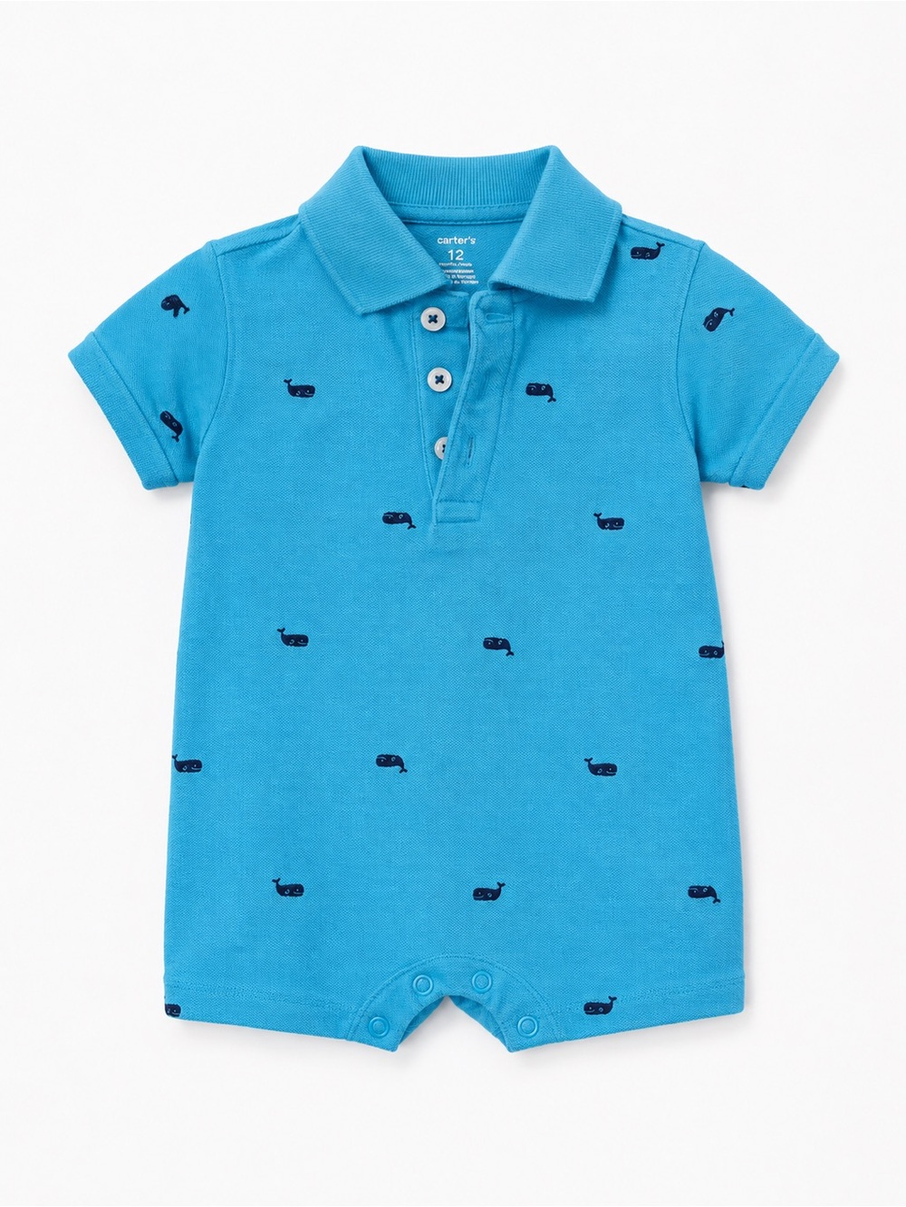 Carter's Bright Blue Polo Romper with Navy Whale Embroidery